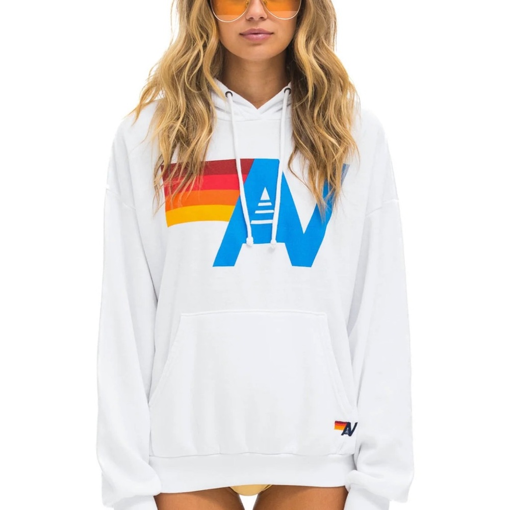 Aviator Nation White Hoodie with Rainbow Logo